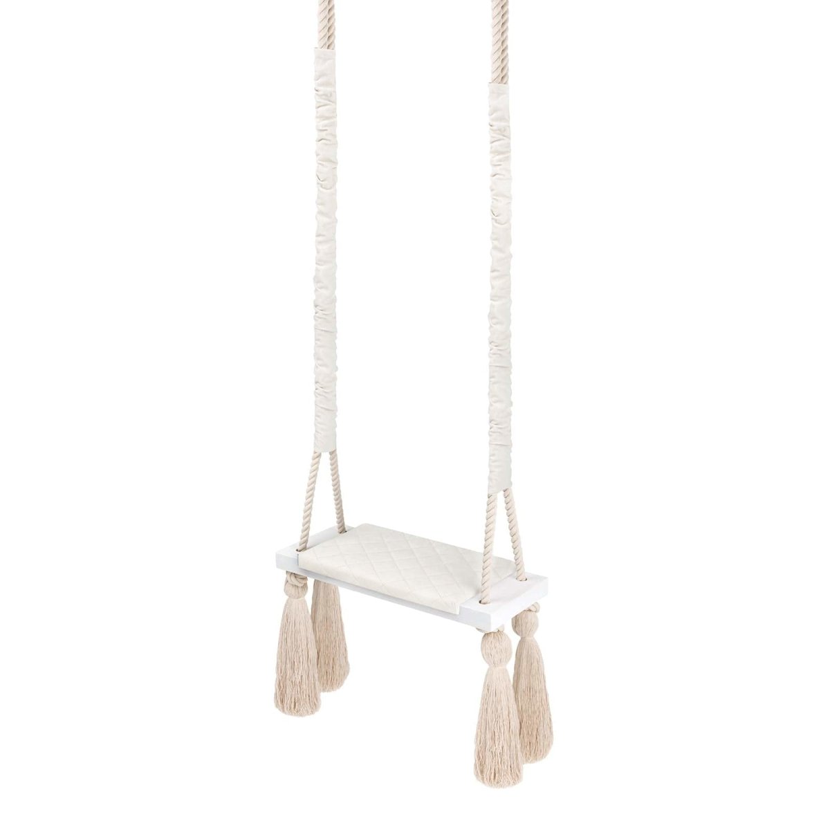 Altalena in Legno Massello per Bambini in Beige - Altalena Interno, vista d'insieme: corde rivestite in tessuto e nappe