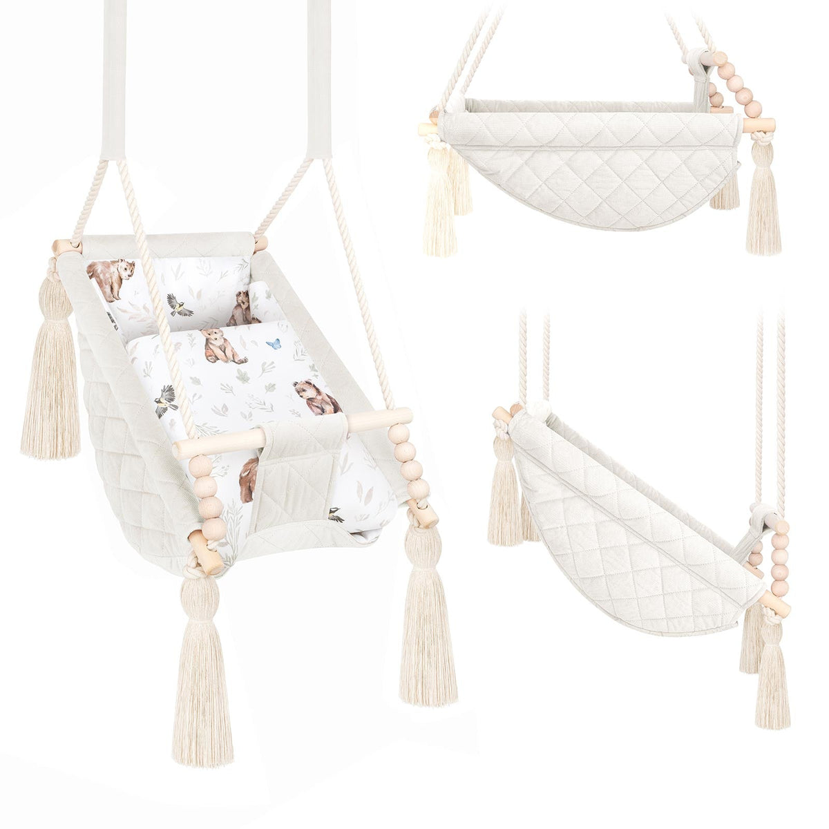 Altalena 3 in 1 in Beige - Altalena Interno in Legno, in velluto, tre viste con e senza imbottitura in cotone