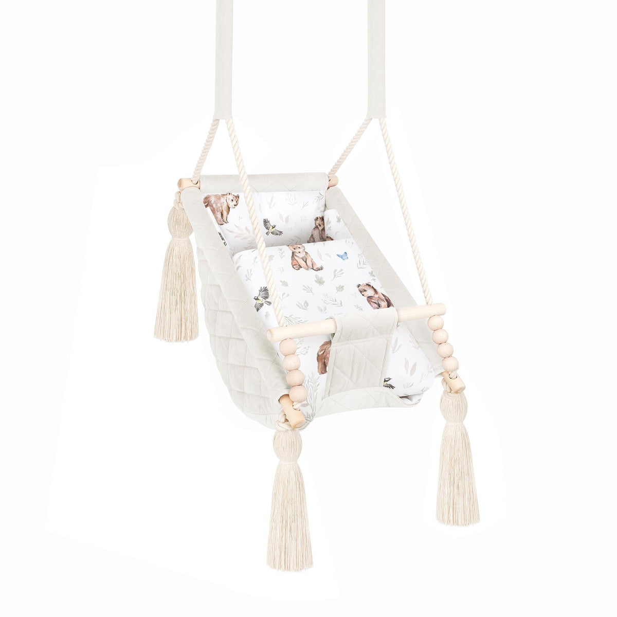 Altalena 3 in 1 in Beige - Altalena Interno in Legno, in velluto con imbottitura in cotone con motivo orsetto, velluto
