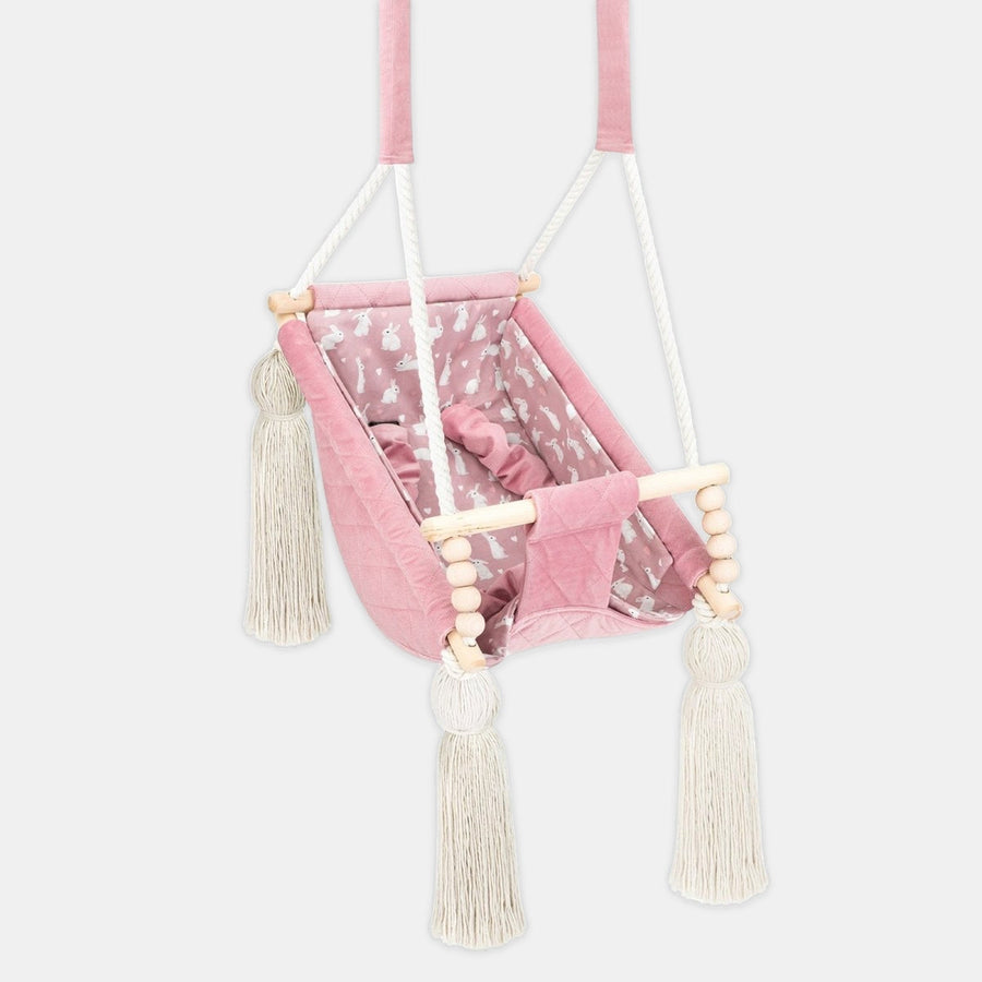 Altalena 3 in 1 in Rosa - Altalena Interno in Legno, in velluto, vista frontale con imbottitura in cotone rimovibile