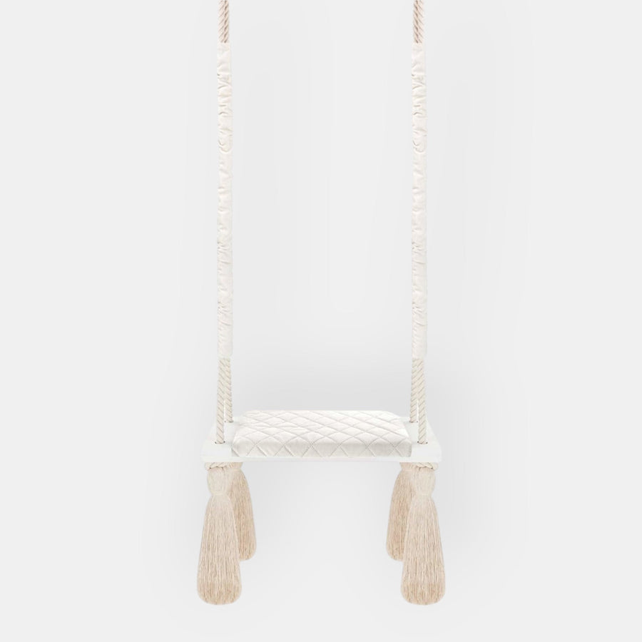 Altalena in Legno Massello per Bambini in Beige - Altalena Interno, vista frontale: tavola in legno e cuscino della seduta