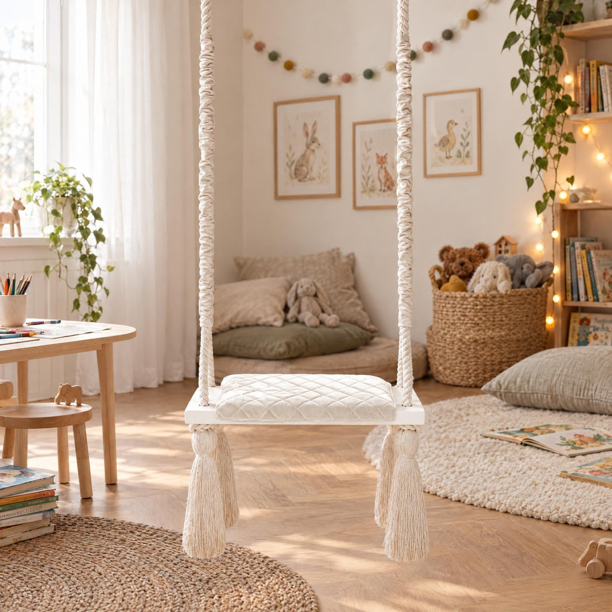 Altalena in Legno Massello per Bambini in Beige - Altalena Interno, appesa in una cameretta luminosa