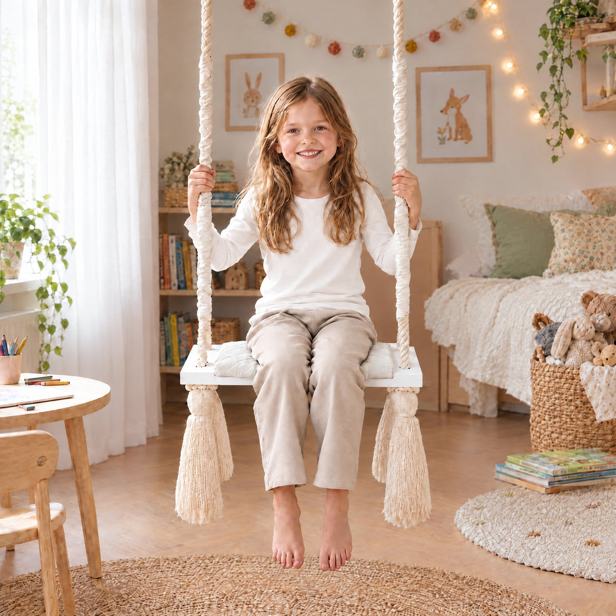 Altalena in Legno Massello per Bambini in Beige - Altalena Interno, con un bambino di 5 anni in una cameretta luminosa