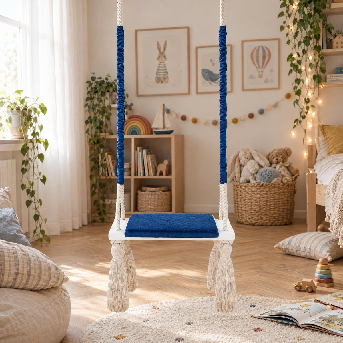 Altalena in Legno Massello per Bambini in Blu Scuro - Altalena Interno, appesa in una cameretta luminosa