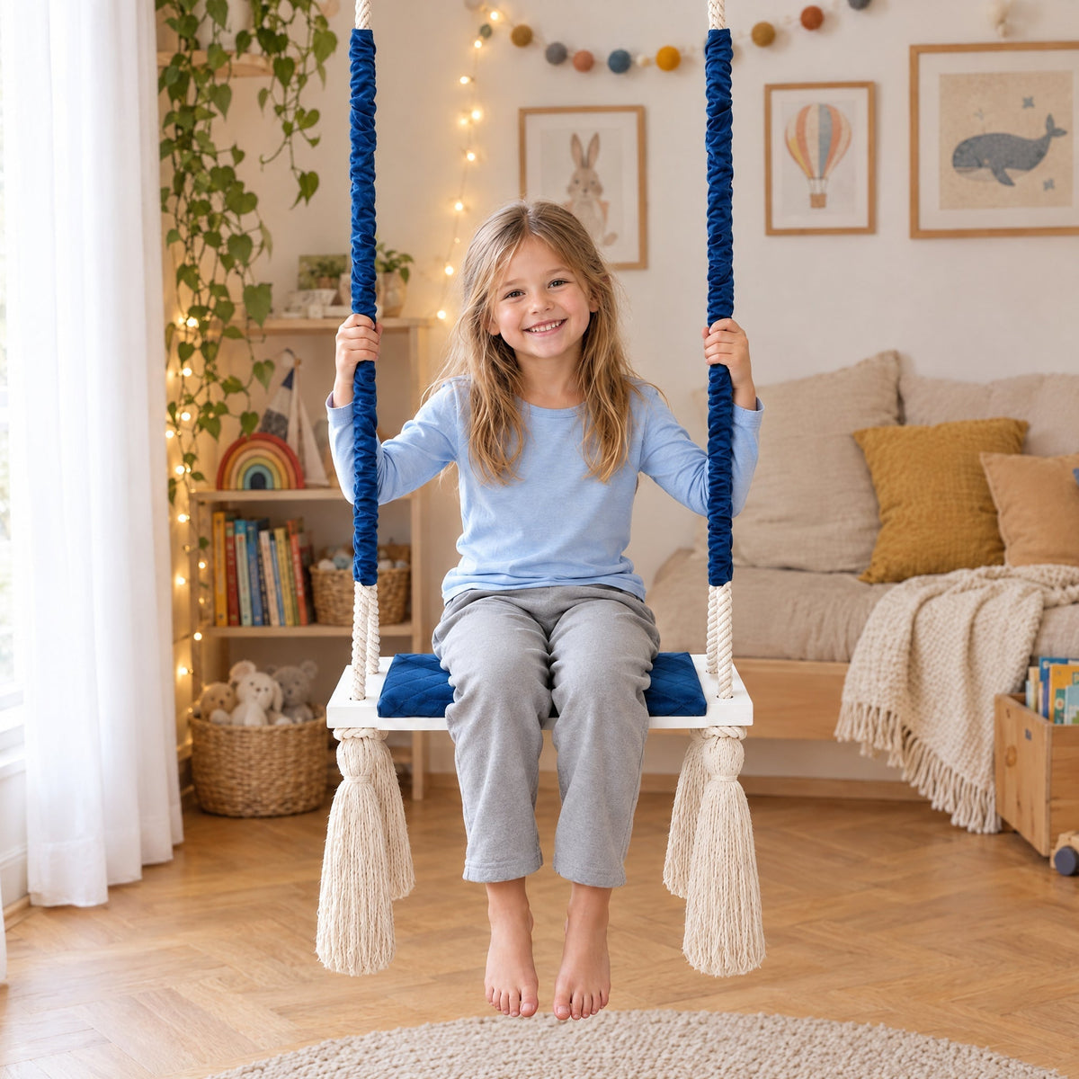 Altalena in Legno Massello per Bambini in Blu Scuro - Altalena Interno, con un bambino di 5 anni in una cameretta luminosa