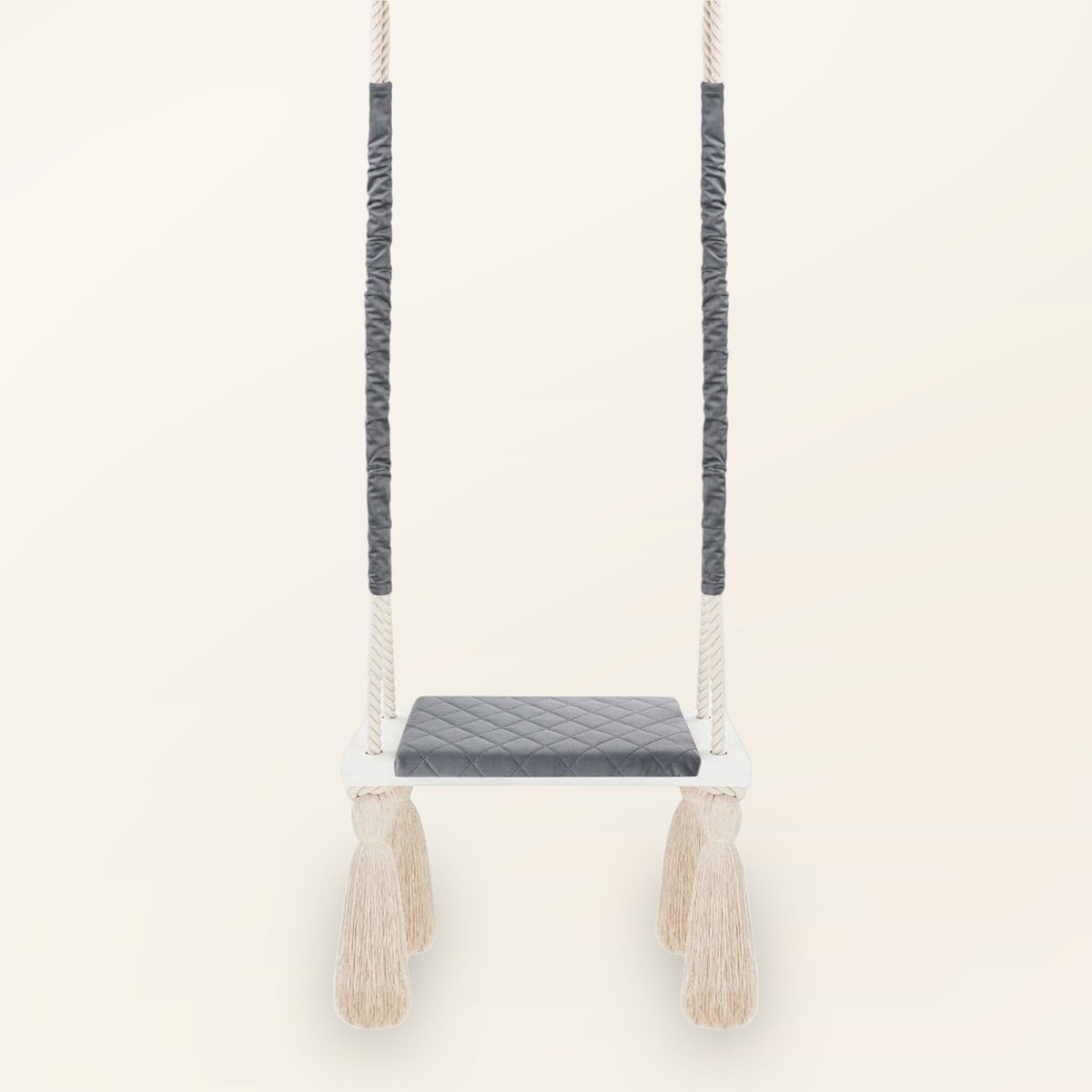 Altalena in Legno Massello per Bambini in Grigio Scuro - Altalena Interno, vista frontale con cuscino della seduta trapuntato
