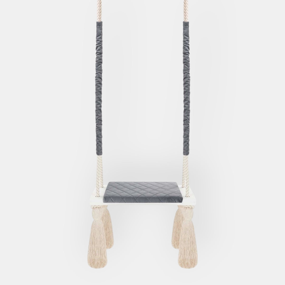 Altalena in Legno Massello per Bambini in Grigio Scuro - Altalena Interno, vista frontale: tavola in legno e cuscino della