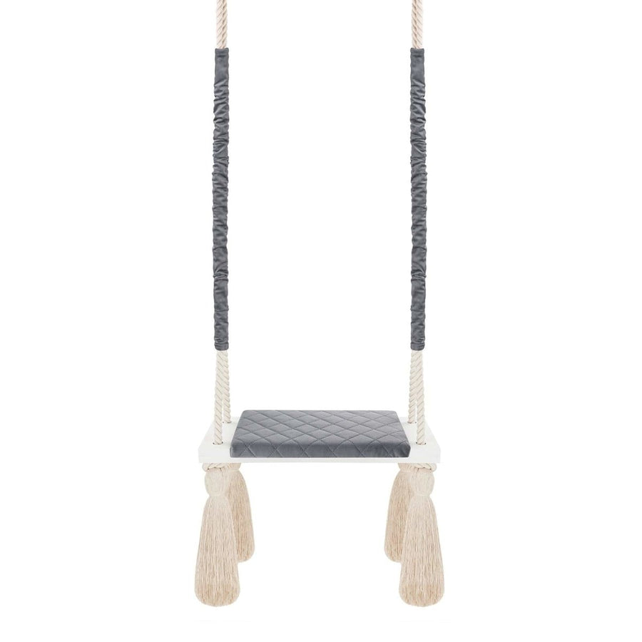 Altalena in Legno Massello per Bambini in Grigio Scuro - Altalena Interno, vista d'insieme con le corde lunghe