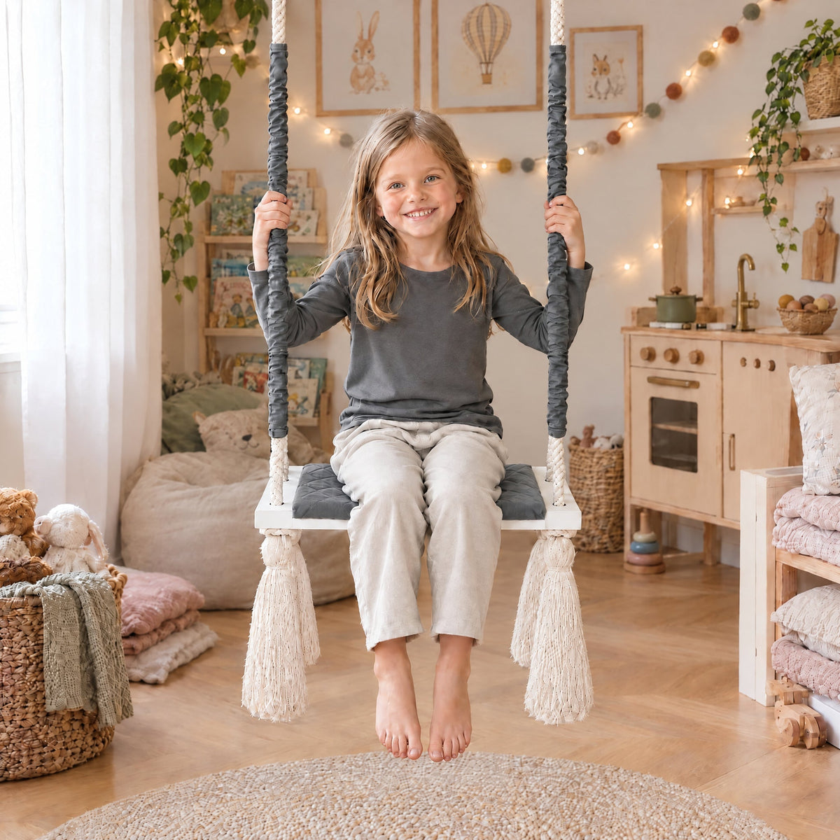 Altalena in Legno Massello per Bambini in Grigio Scuro - Altalena Interno, con un bambino di 5 anni in una cameretta luminosa