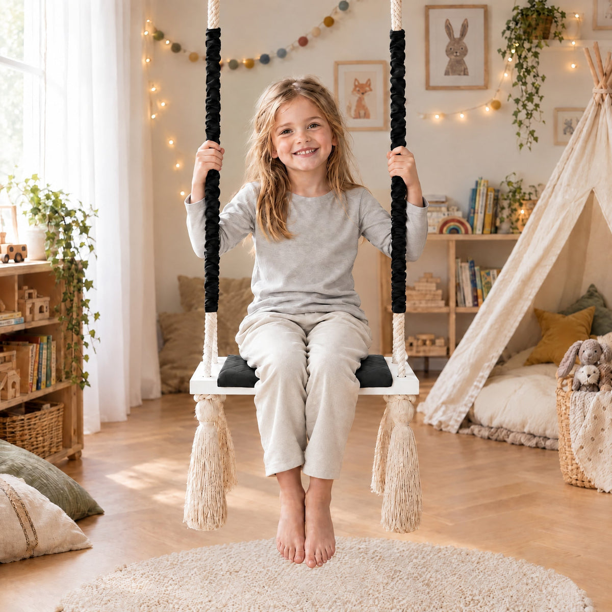 Altalena in Legno Massello per Bambini in Nero - Altalena Interno, con un bambino di 5 anni in una cameretta luminosa