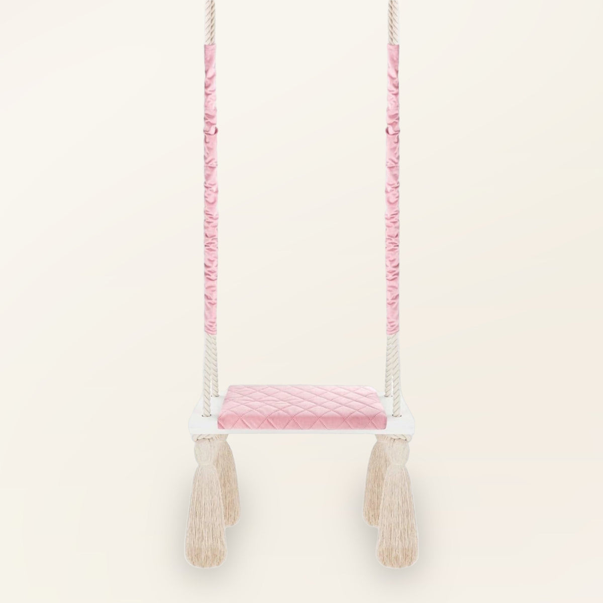 Altalena in Legno Massello per Bambini in Rosa - Altalena Interno, vista frontale con cuscino della seduta trapuntato
