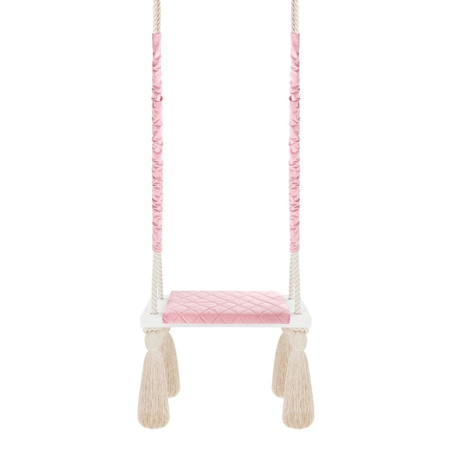 Altalena in Legno Massello per Bambini in Rosa - Altalena Interno, vista d'insieme con le corde lunghe