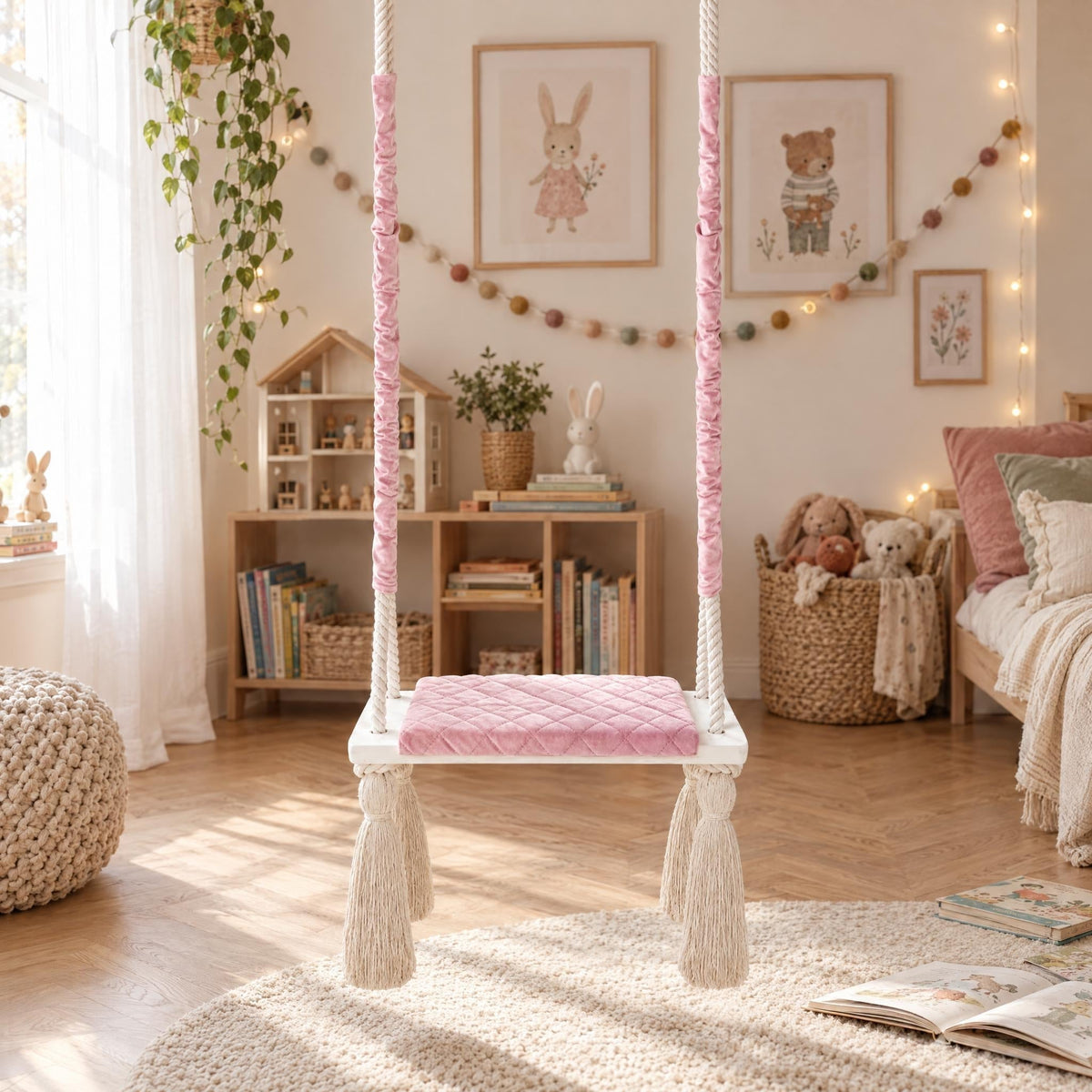 Altalena in Legno Massello per Bambini in Rosa - Altalena Interno, appesa in una cameretta luminosa