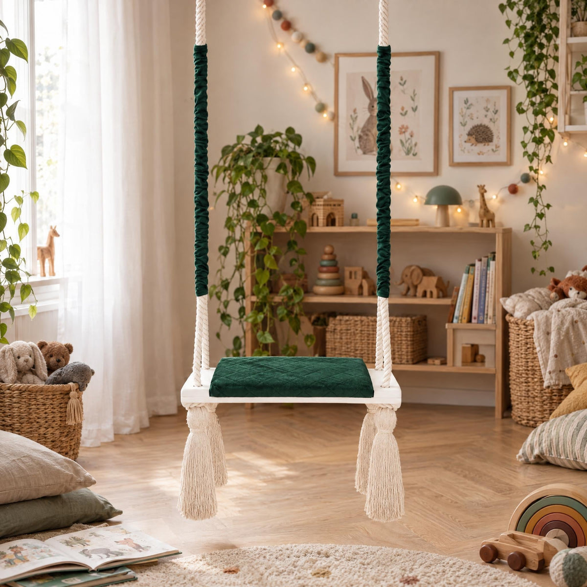 Altalena in Legno Massello per Bambini in Verde - Altalena Interno, appesa in una cameretta luminosa