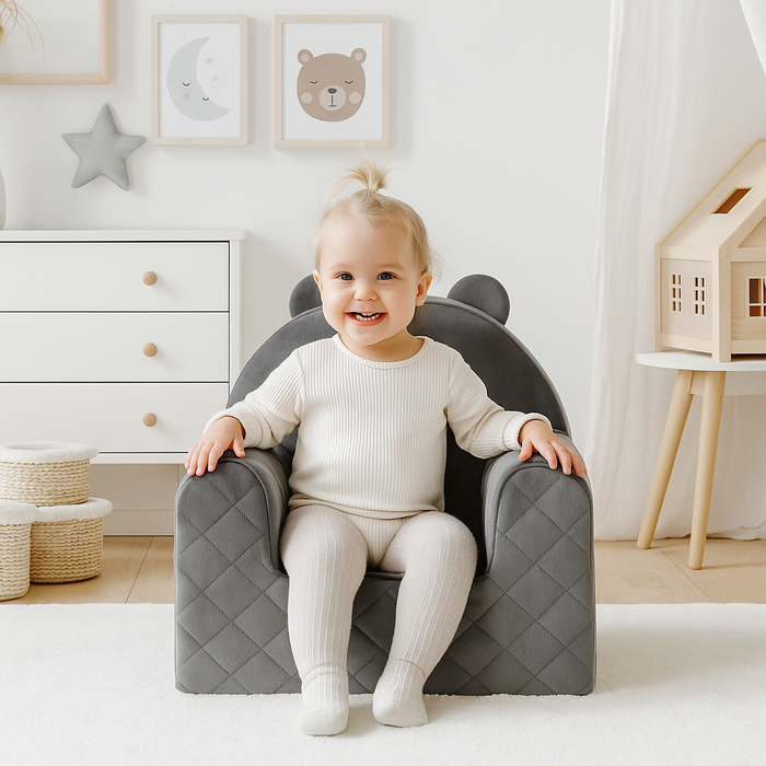 Poltroncina Cameretta a Forma di Orso in Velluto Grigio Scuro