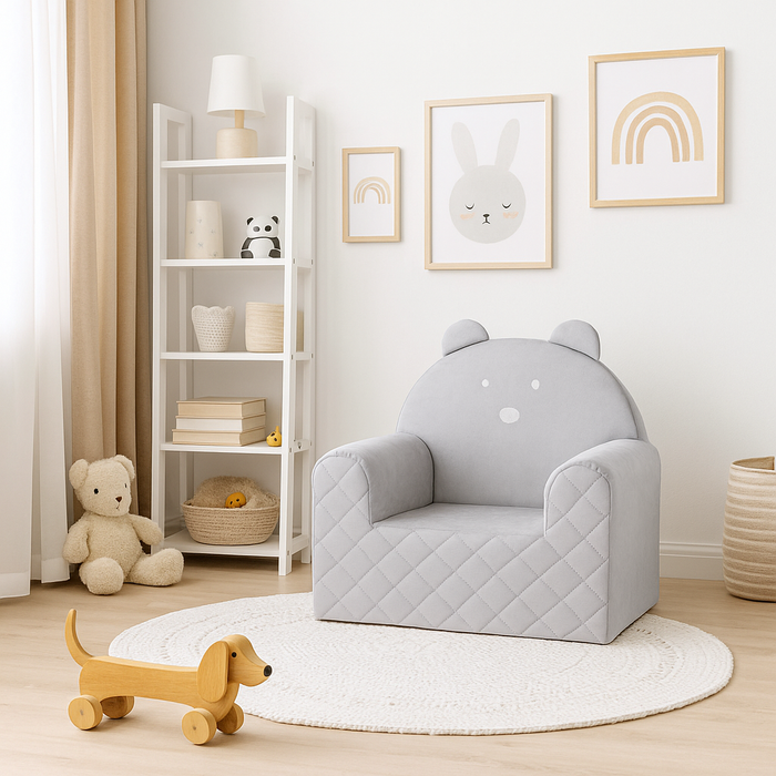 Poltroncina Cameretta a Forma di Orso in Velluto Grigio Chiaro