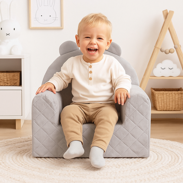 Poltroncina Cameretta a Forma di Orso in Velluto Grigio Chiaro