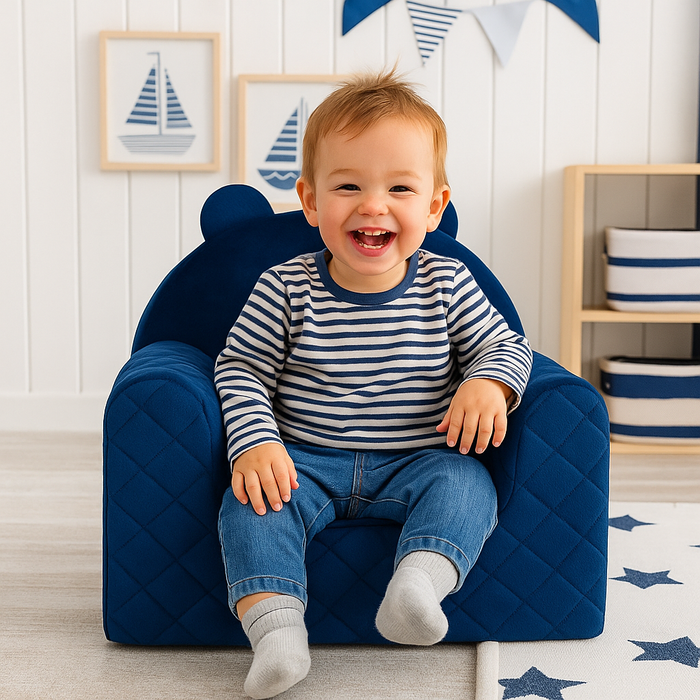 Poltroncina Cameretta a Forma di Orso in Velluto Blu Scuro