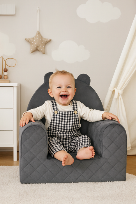 Poltroncina Cameretta a Forma di Orso in Velluto Grigio Scuro