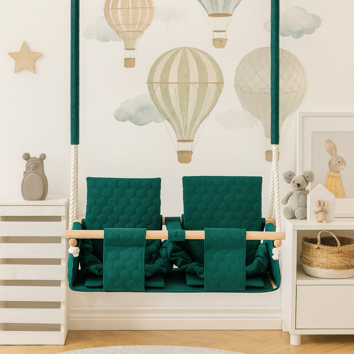 Altalena per Gemelli da Esterno Verde Scuro con Doppio Sedile Impermeabile in Legno