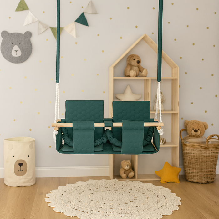 Altalena per Gemelli da Esterno Verde Scuro con Doppio Sedile Impermeabile in Legno