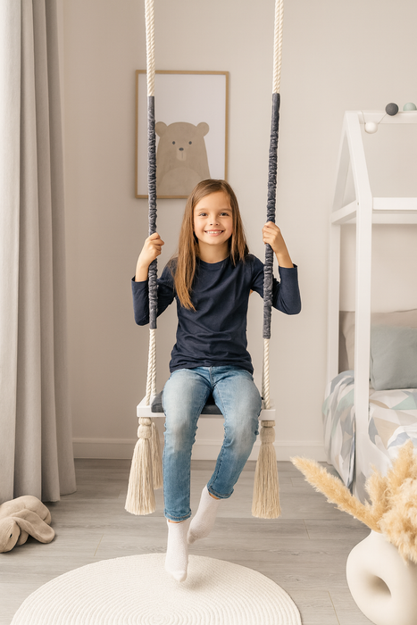 Altalena da Interno in Velluto Grigio Scuro con Seduta Trapuntata e Tavola in Legno – 75 kg